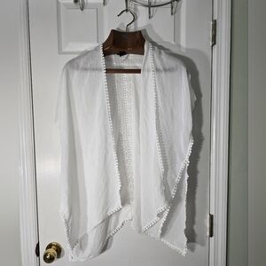 White Lightweight Pom Pom Trim Open Kimono Beach Cover Up